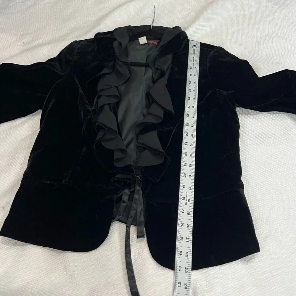 Anthropologie Black Velvet Crepe Ruffle Collar Tie Closure Blazer - Picture 4 of 8